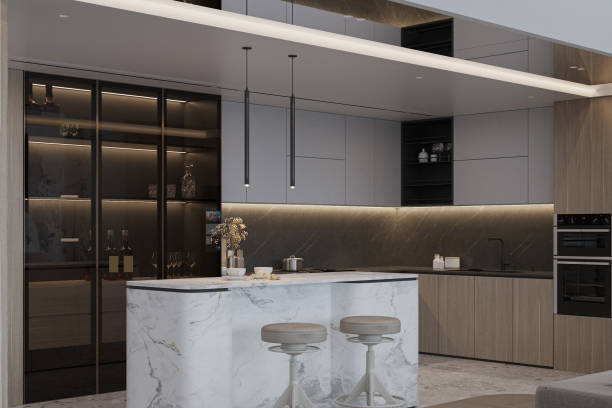 istock Trendy Kitchen interior design, wall showcase chair, accessories for stylish space decoration 2160382839