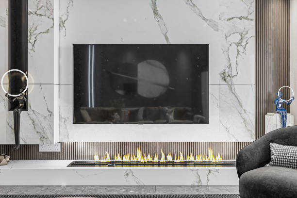 istock Fireplace interior design for a modern living room with White Marble Tiles Background, Luxury Showpiece 2160382995