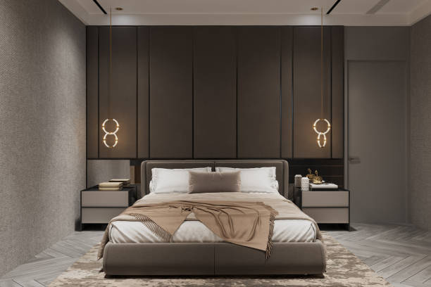 istock Luxury bedroom accessories bed, pillow, behind self and proper lighting decoration 2160383034