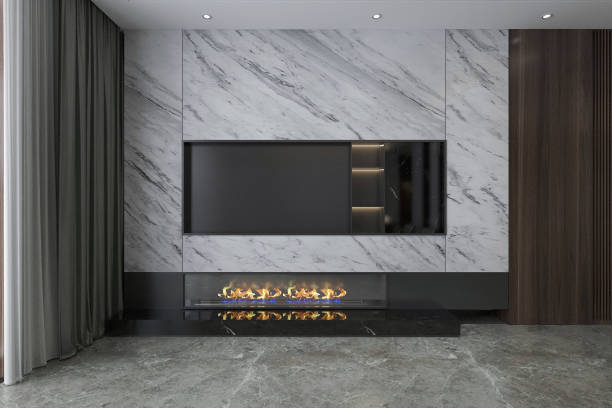istock Modern Fireplace Interior Design with White Marble Tiles Background for a Smart Living Room 2160383067