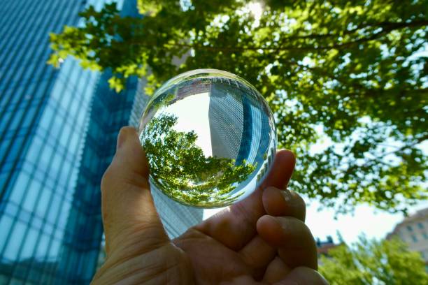 istock Hand holding crystal ball with skyscraper and trees background 2160384558
