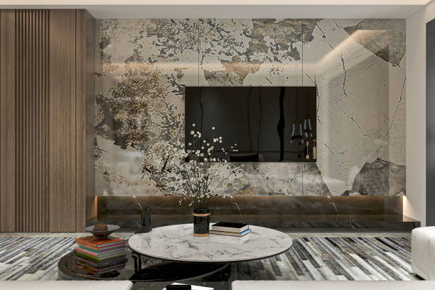istock Amazing Art Work With Marble For TV Placement Background, Table, Flower Vase and Book 2160384858