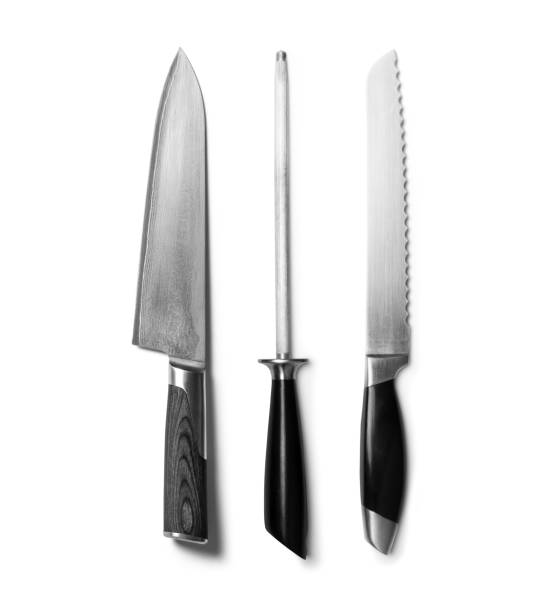 istock Set of kitchen knives isolated on white background. Black and white. 2160385154