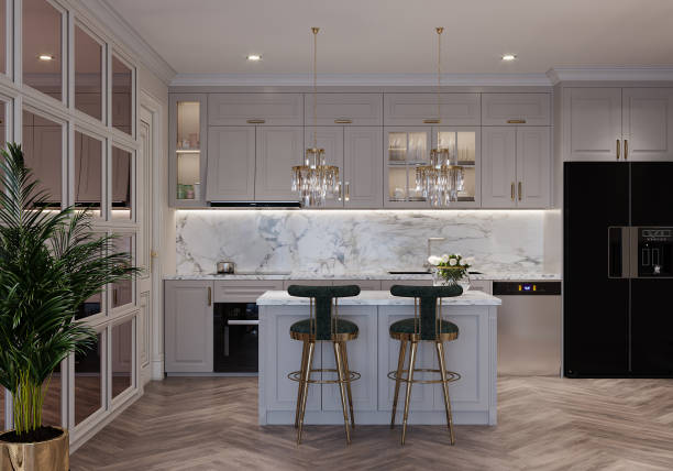 istock Attractive Open Kitchen with Black Stylish Chair, White Marble Background Concept, Mirror Wall Cabinet, Chandelier 2160385204