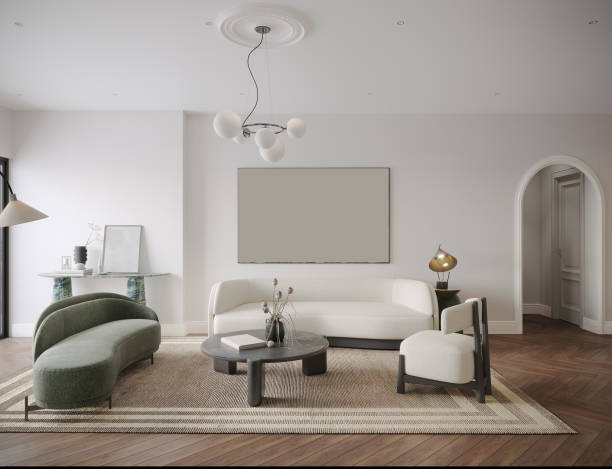 istock Living room interior design in white theme, sofa and table wall painting frame 2160385357