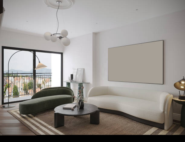 Living room interior design in white theme, sofa and table wall painting