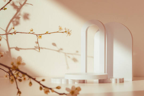 istock Blooming spring branches with flowers and its shadow on beige background 2160385606