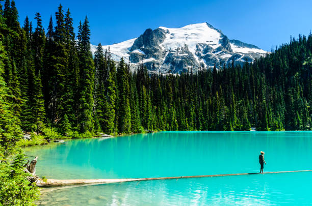 BC/Canada-24/07/20212: a woman waling along a tree trunk in the middle Joffre lake.