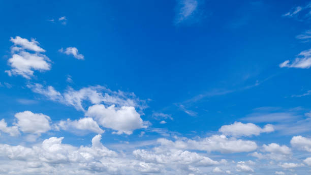 istock Panoramic view of clear blue sky and clouds, Blue sky background with tiny clouds. White fluffy clouds in the blue sky. Captivating stock photo featuring the mesmerizing beauty of the sky and clouds. 2160386605