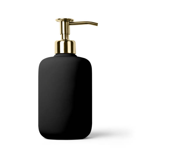 istock black cosmetic bottle head to right with a metallic head part,  on white background 2160386866