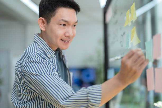 istock Ideas sharing engineer team meeting brainstorm internal meeting presentation, teaching and corporate, men and women. Documents, manager and graphs for financial stats, accountants and finance in office, laptop and strategy 2160396117