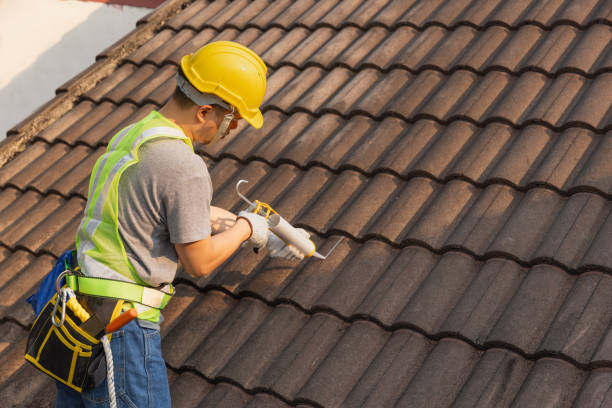 istock Worker man using silicone sealant adhesive  to fix crack of the old tile roof. 2160402343