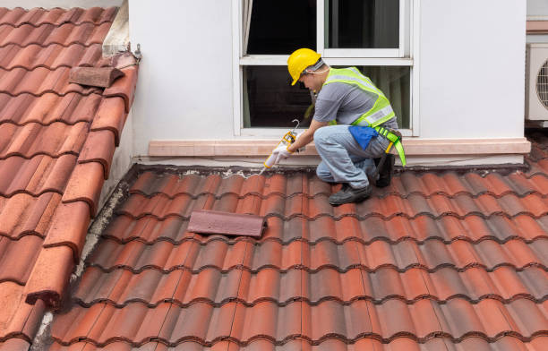 istock Construction worker using silicone sealant adhesive to fix crack of the old tile roof. 2160402529