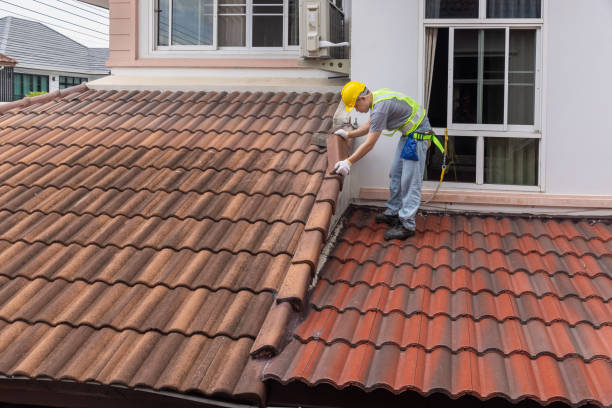 istock Worker fixing eaves and tiles of the old roof. 2160402569