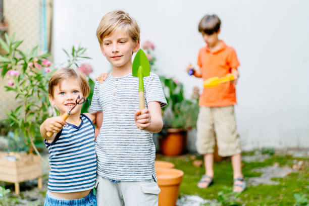 Two children boy working at backyard. Brother with gardening tools spending time, playing, create a cozy courtyard together outdoor at beautiful summer day. Developmental activities for children concept.