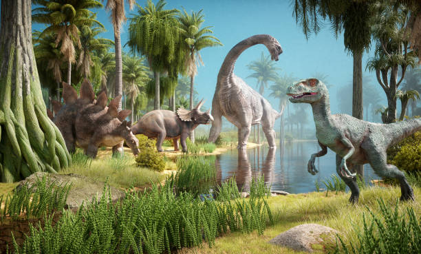 istock Prehistoric land with dinosaurs. 2160413085