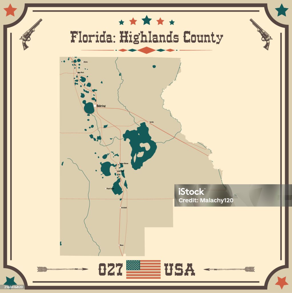 ビンテージカラーとハイランズ郡フロリダ州アメリカ合衆国の大規模かつ正確な地図 アメリカ合衆国のベクターアート素材や画像を多数ご用意
