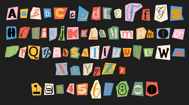 Set of colorful anonymous font Set of colorful anonymous font. Magazine cutout alphabet. Cuts from newspaper. Letters on pieces of paper in different colors. Retro grunge criminal alphabet set. For anonymous message letter stock illustrations