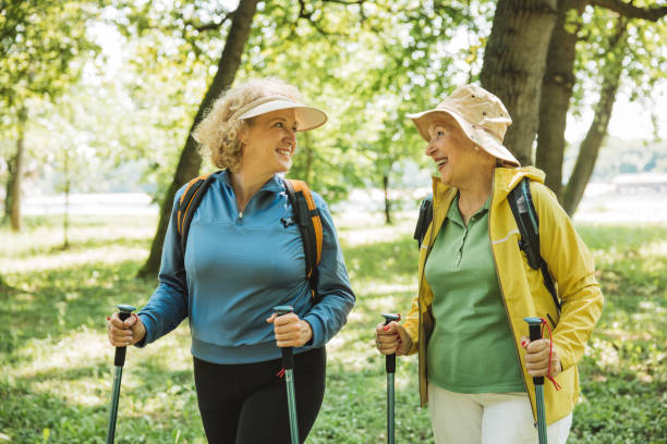 istock Happy senior women hiking 2160423488