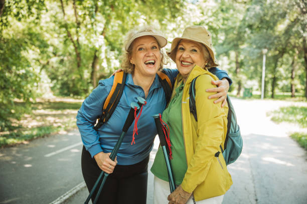 istock Happy senior women hiking 2160423551