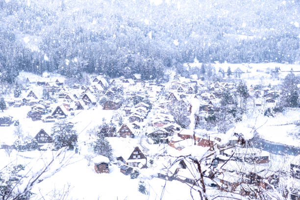 Snowy winter landscape in the UNESCO Heritage Site old village of Shirakawago, in Gifu prefecture, Japan.