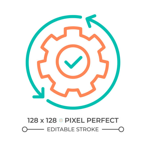 Automation two color line icon Automation two color line icon. Continuous workflow. System optimization. Gear and circular arrows bicolor outline symbol. Duotone linear pictogram. Isolated illustration. Editable stroke automation logo stock illustrations