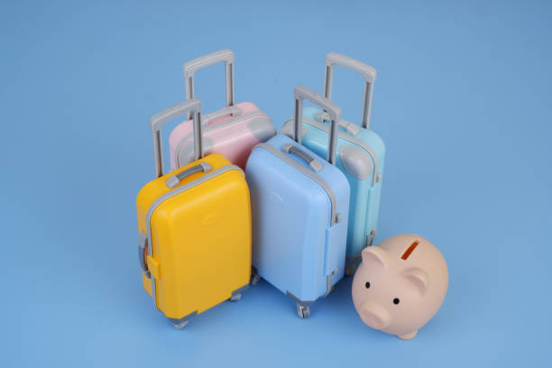 istock Piggy bank and four suitcases on blue background. 2160427585