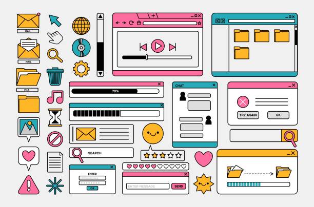 90s retro desktop interface. Retro user computer elements. Vintage old vaporwave icons and screens, UI and UX themes. Nostalgic digital objects for pc 2000s. Vector set 90s retro desktop interface. Retro user computer elements. Vintage old vaporwave icons and screens, UI and UX themes. Nostalgic digital objects for pc 2000s. Vector set. windows folder icon stock illustrations