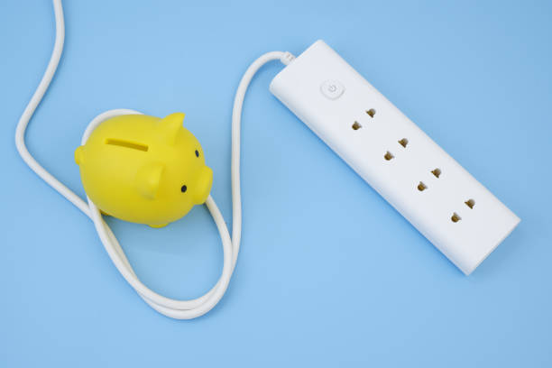 istock Piggy bank on electric sockets on blue. 2160429073
