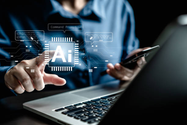 istock Hand of women touching artificial intelligence AI circuit board to virtual smart chatbot with a command prompt for automation generates, Innovative technology AI virtual screen for futuristic. 2160431584