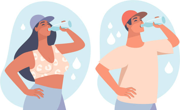 pria dan wanita minum air dari botol. konsep tetap terhidrasi. karakter vektor - air-minum ilustrasi stok