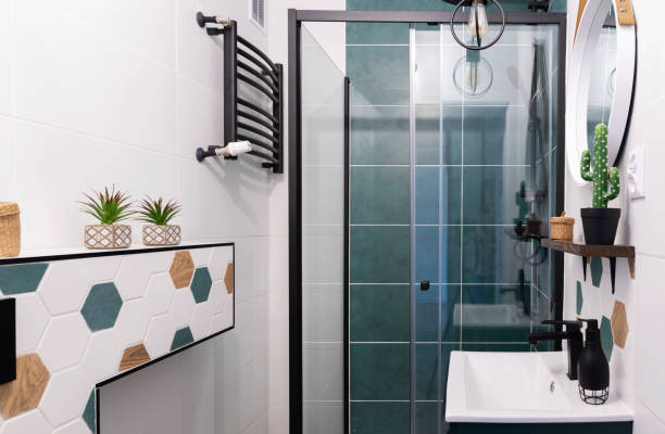 istock Home interior of modern bathroom with ceramic bathroom sink and pattern tile on the wall. Elegance and luxury in new apartment. 2160437453