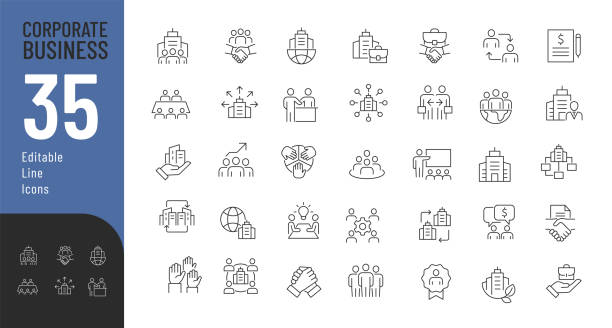 lini bisnis perusahaan set ikon yang dapat diedit. - organisasi masyarakat ilustrasi stok