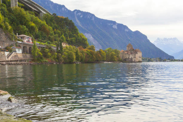 Veytaux, Switzerland - June 25 2019 : Train station next to Chillon