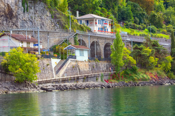 Veytaux, Switzerland - June 25 2019 : Train station next to Chillon