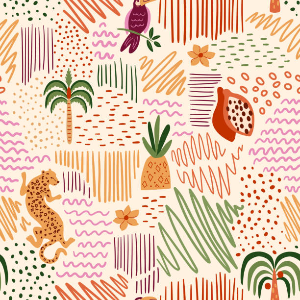 Tropical summer beach patchwork seamless pattern. Vector jungle palm tree, leopard, doodle elements, stripes, polka dots Tropical summer beach patchwork seamless pattern. Vector jungle palm tree, leopard, doodle elements, stripes, polka dots, toucan bird, pineapple. Cute exotic print, hawaii background, wallpaper. drawing of the hawaii islands stock illustrations