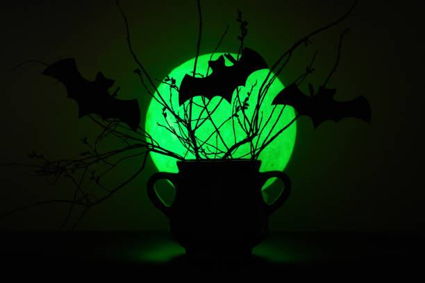 Mysterious black cauldron with dry plants and cutout bats in front of a green moon background. Represents Halloween, crafts, magic, and fantasy concepts.