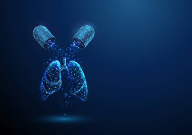 istock Abstract opened blue medical drug capsule with falling particles and human lungs. Healthcare medical pharmacy concept Low poly futuristic technology digital style Geometric background Wireframe Vector 2160446928