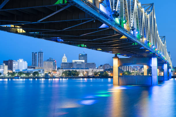 Peoria, Illinois, USA cityscape on Lake Peoria under the Murray Baker Bridge at blue hour.