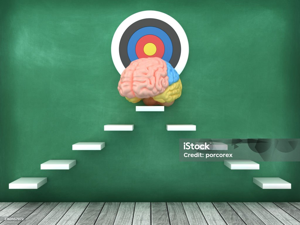 Brain Target Achieve 3d Brain With Target On Steps Stock Photo - Download Image Now ...