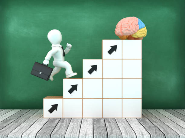 istock 3D Brain on Arrow Blocks Steps with Cartoon Business Person 2160457162