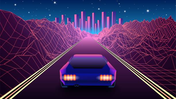 istock Neon car in 80s synthwave style racing to the city through mountain canyon. Retrowave auto illustration with car on the grid landscape road, in 90s arcade game style. 2160460045