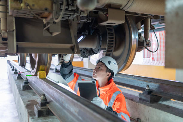 Railway technicians inspect the suspension brakes and axle stability control systems of electric locomotives to ensure they are ready for use.