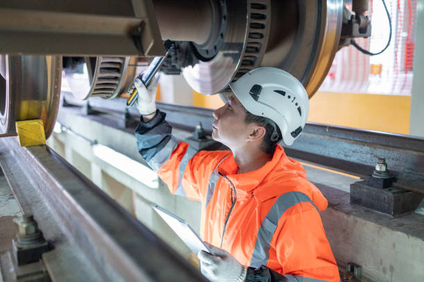 istock Railway technicians inspect the suspension brakes and axle stability control systems of electric locomotives to ensure they are ready for use. 2160462504
