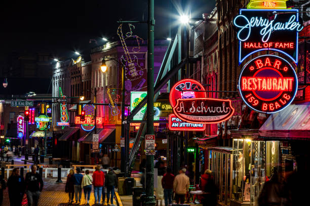 Photos of businesses along Beale Street in Memphis, TN taken on December 23, 2022 in the evening.