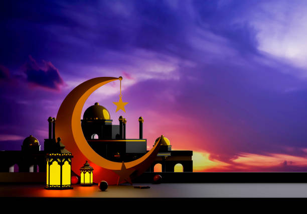 istock Ramadan Crescent Moon and Mosque at Sunset. 3D Illustration 2160470961