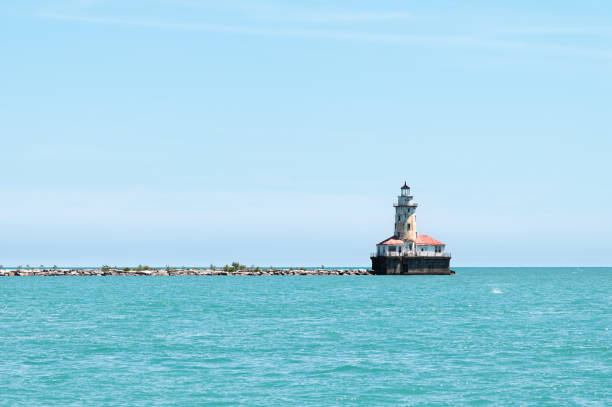The Chicago Harbor Lighthouse on a sunny blue sky day