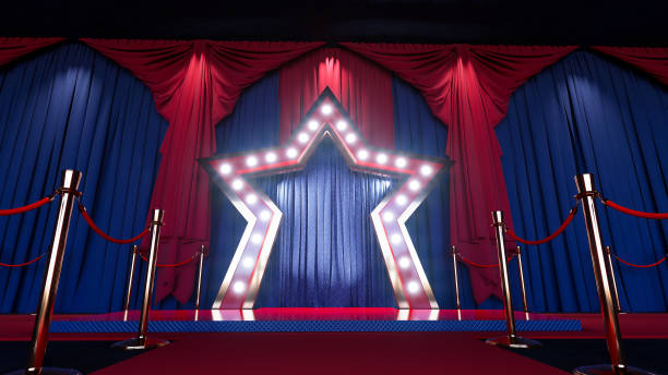 istock Red carpet and golden barriers with award stage, 2160479058