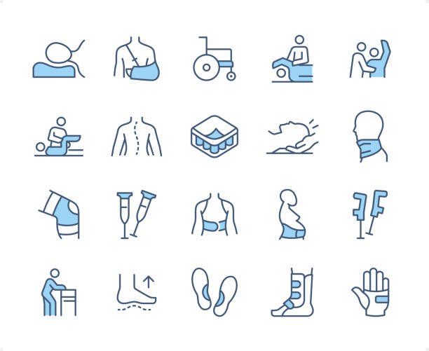 Medical Orthopedic icon set. Editable stroke weight. Pixel perfect dichromatic icons. Medical Orthopedic icons set #67
Specification: 20 icons, 64×64 pх, EDITABLE stroke weight! Current stroke 2 px.
Features: Pixel Perfect, Dichromatic style.
First row of icons contains:
Orthopedic pillow, Hand plaster, Wheelchair, Massotherapy, Physiotherapy;
Second row contains:
Rehabilitation Exercise, Spine joint orthopedic, Orthopedic mattress, Neck massage, Orthopedic neck bandage;
Third row contains:
Knee Joint, Axillary Crutches, Bandage, Pregnant woman, Elbow crutches;
Fourth row contains:
Walker for disabled person, Flat feet, Orthopedic insoles, Foot ankle brace, Bandaged hand.
Check out the complete duocolor Prolinico Blue collection — https://www.istockphoto.com/collaboration/boards/_a-Cj-vICEGsbZqV9B7k2w spinal surgery recovery stock illustrations