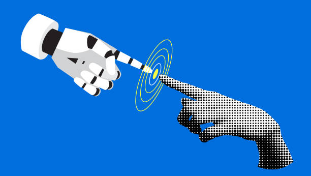 Modern collage with human hand touching robots hand Modern collage with halftone human hand touching robots hand. Fight between human and artificial intelligence. Concept of future technologies. Machine learning. Contest between human and cyborg contemporary-art stock illustrations